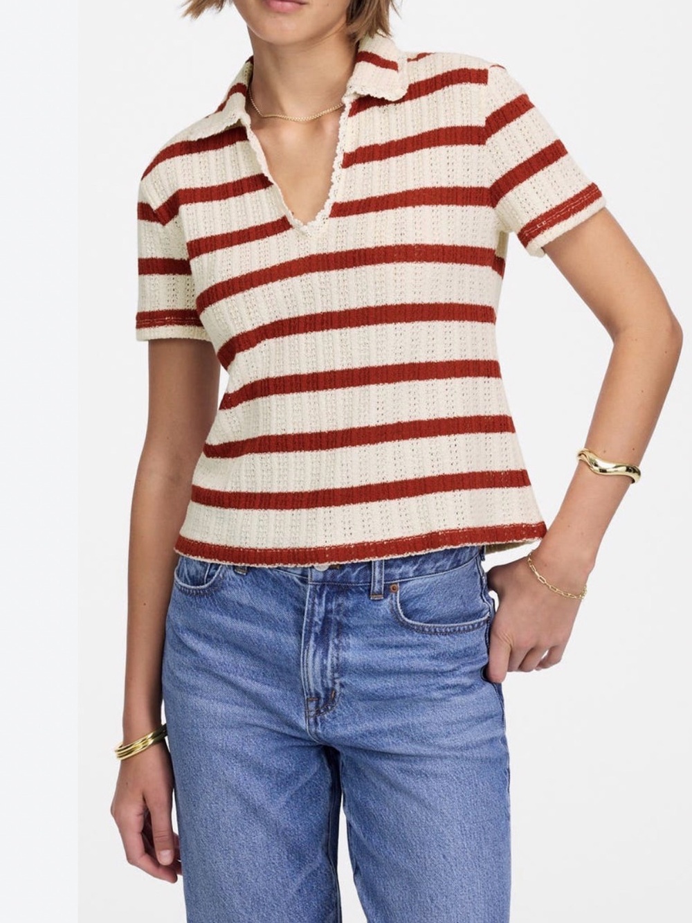 Madewell Cream and Ochre Striped Cropped Polo Knit Top